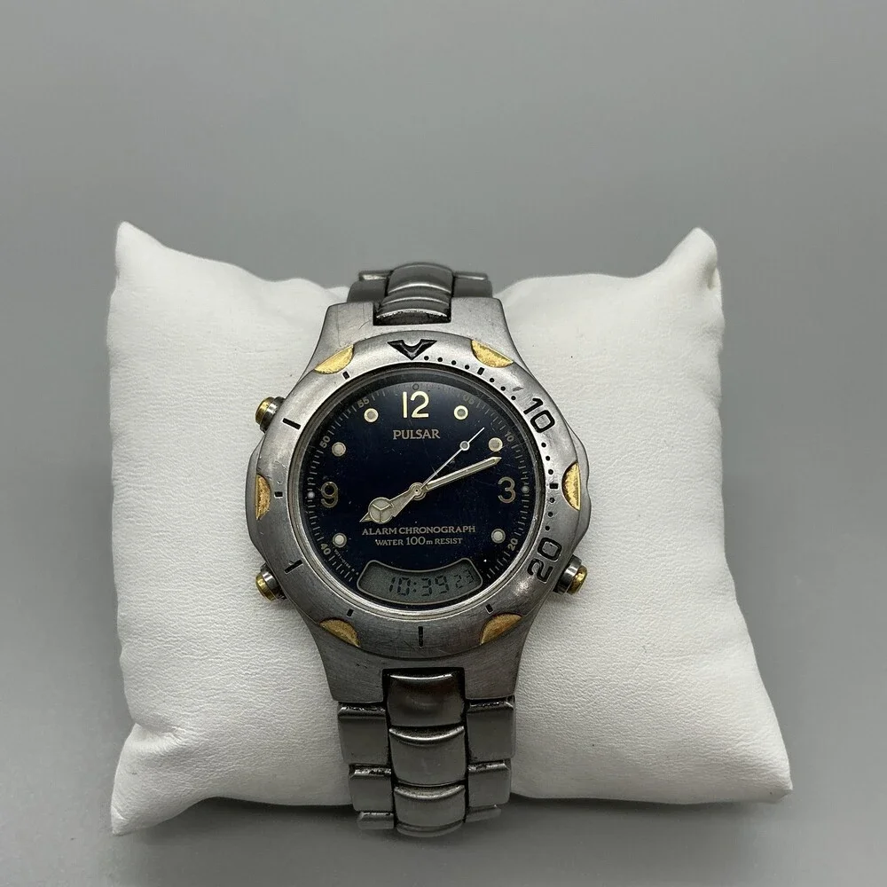 Pulsar V071-0110 Mens Watch 40mm Blue Dial Stainless Alarm Ana-Digi For Parts